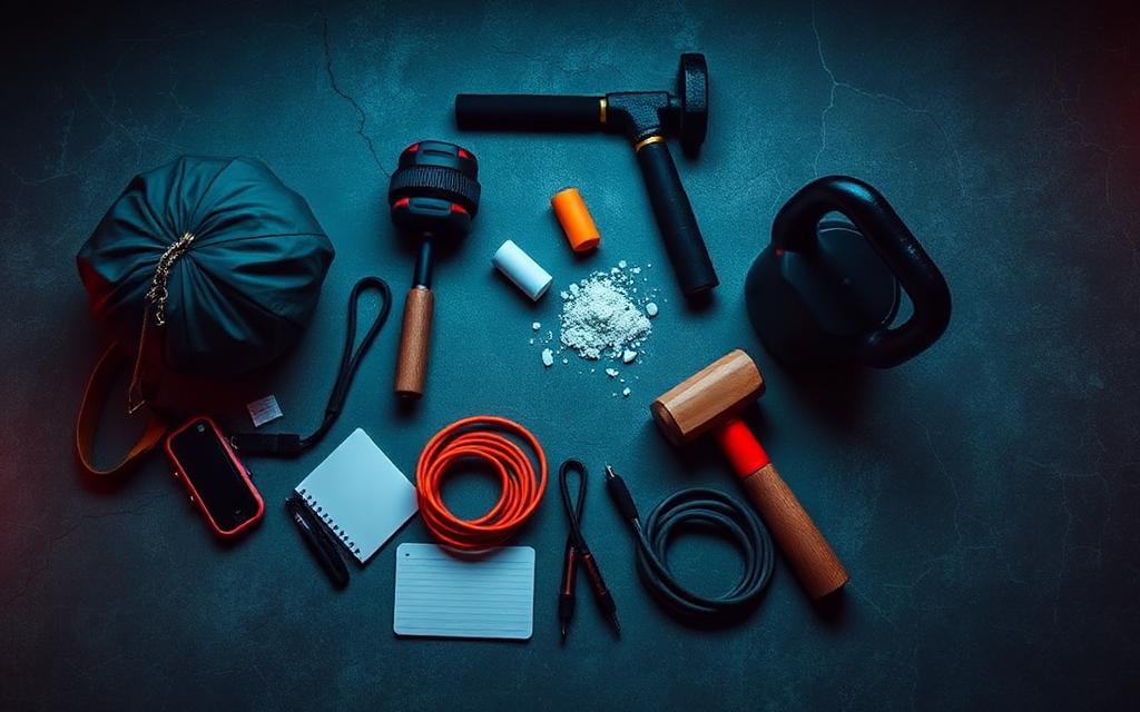 Sandbag, kettlebell, sledgehammer, rope and notebook laid out on concrete