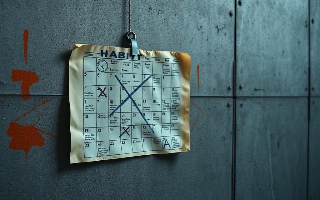 A hand-marked habit grid taped to a concrete wall
