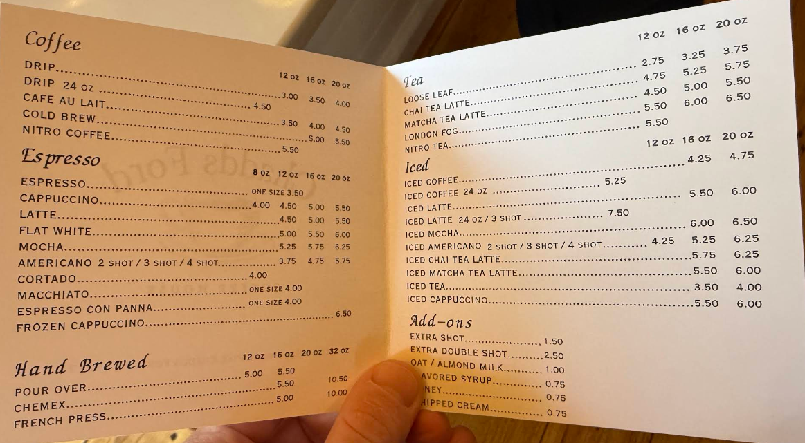 Printed coffee and espresso menu at Chadds Ford Coffee House
