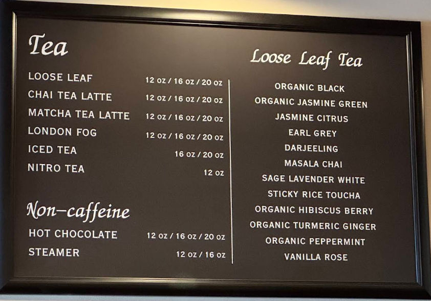 Chalkboard tea and loose leaf tea menu board